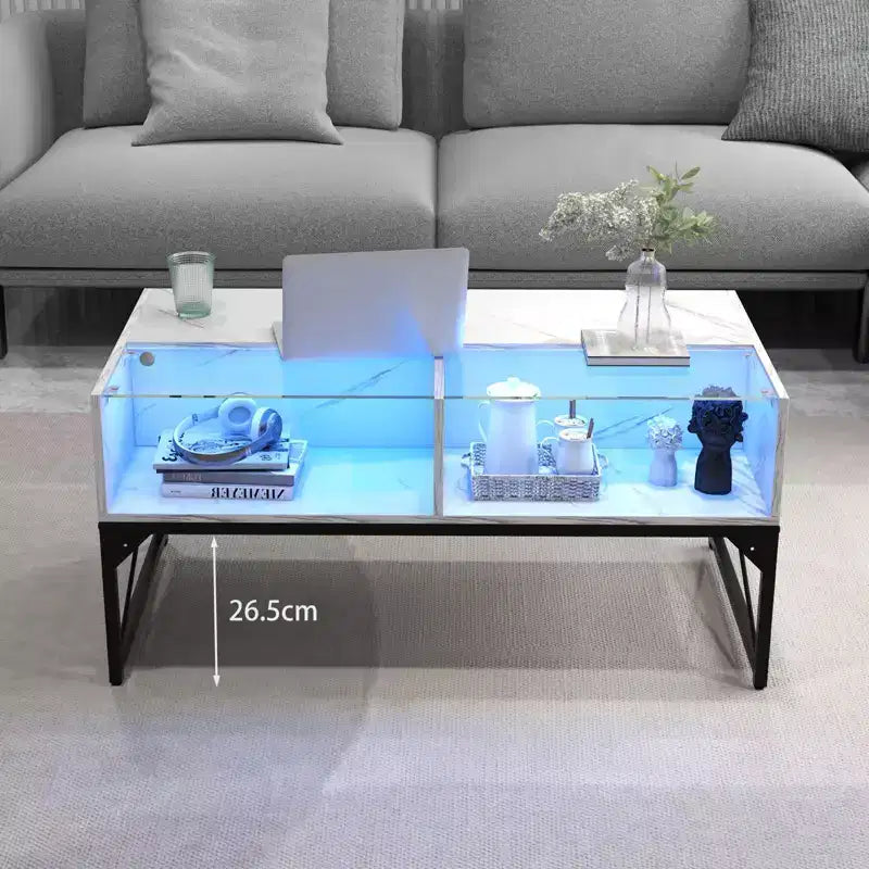 Table basse LED avec 4 cubes de rangement Plateau en simili-marbre et verre trempé pour salon Blanc