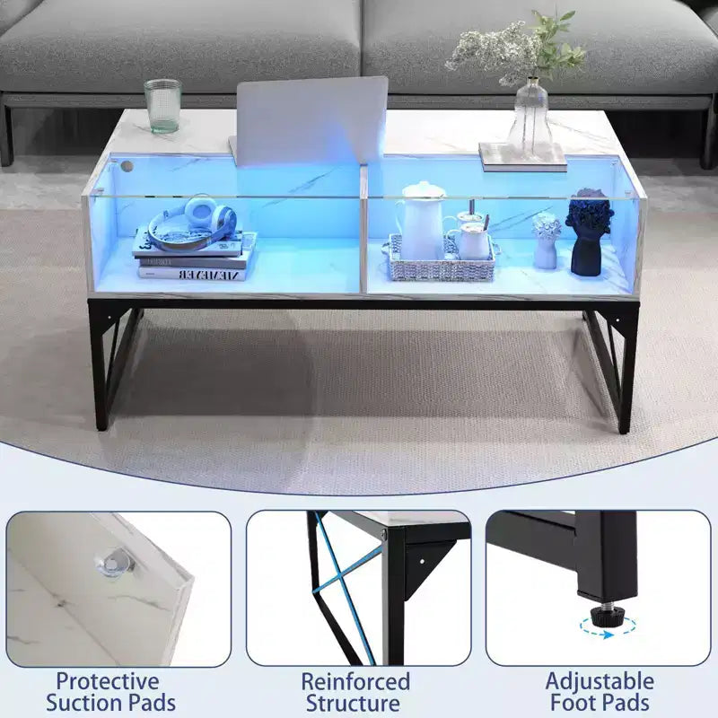 Table basse LED avec 4 cubes de rangement Plateau en simili-marbre et verre trempé pour salon Blanc