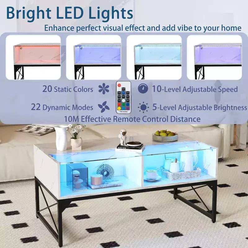 Table basse LED avec 4 cubes de rangement Plateau en simili-marbre et verre trempé pour salon Blanc