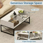 Table basse LED avec 4 cubes de rangement Plateau en simili-marbre et verre trempé pour salon Blanc