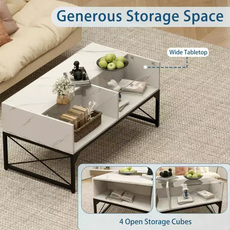 Table basse LED avec 4 cubes de rangement Plateau en simili-marbre et verre trempé pour salon Blanc