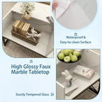 Table basse LED avec 4 cubes de rangement Plateau en simili-marbre et verre trempé pour salon Blanc
