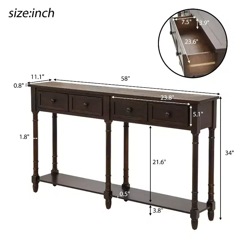 Table console étroite vintage avec rangement, table d'entrée en bois avec 4 tiroirs et étagère ouverte, table de canapé rétro pour salon et couloir