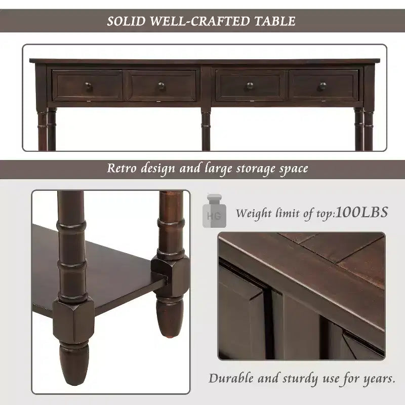 Table console étroite vintage avec rangement, table d'entrée en bois avec 4 tiroirs et étagère ouverte, table de canapé rétro pour salon et couloir