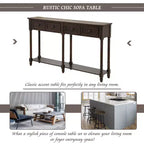 Table console étroite vintage avec rangement, table d'entrée en bois avec 4 tiroirs et étagère ouverte, table de canapé rétro pour salon et couloir