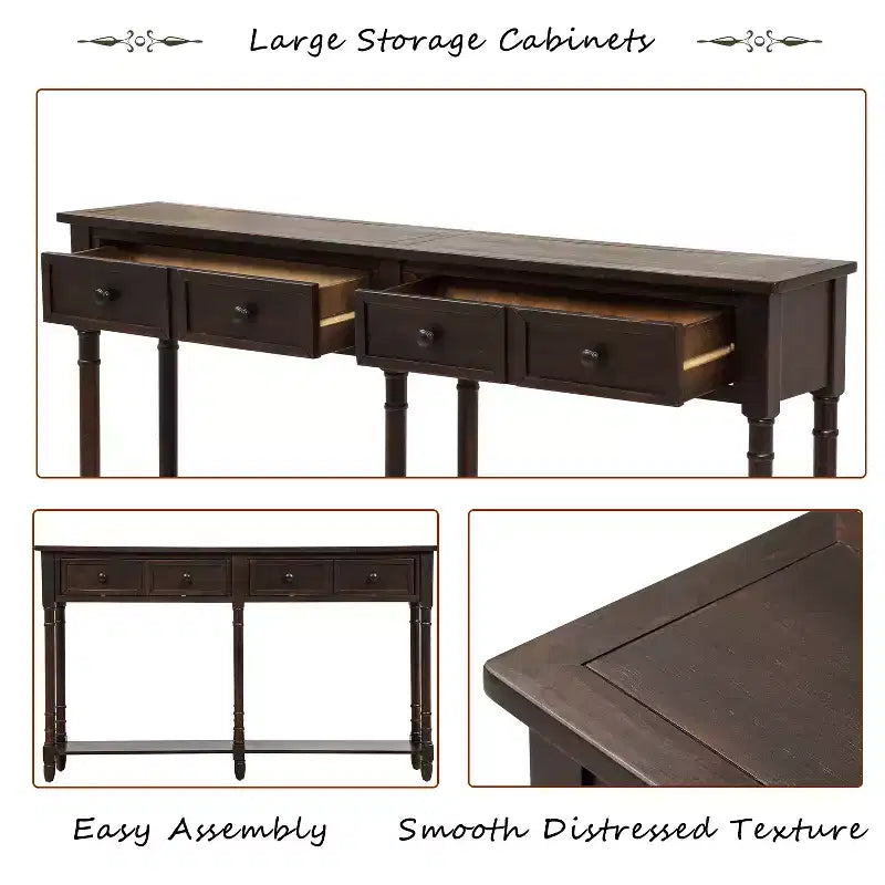 Table console étroite vintage avec rangement, table d'entrée en bois avec 4 tiroirs et étagère ouverte, table de canapé rétro pour salon et couloir
