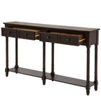 Table console étroite vintage avec rangement, table d'entrée en bois avec 4 tiroirs et étagère ouverte, table de canapé rétro pour salon et couloir
