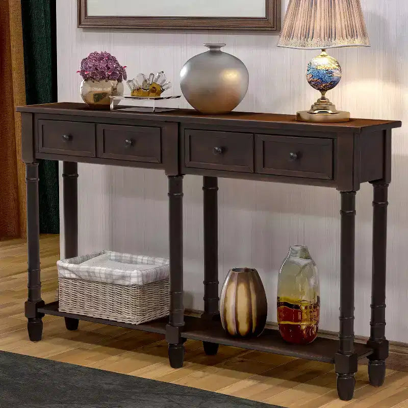 Table console étroite vintage avec rangement, table d'entrée en bois avec 4 tiroirs et étagère ouverte, table de canapé rétro pour salon et couloir