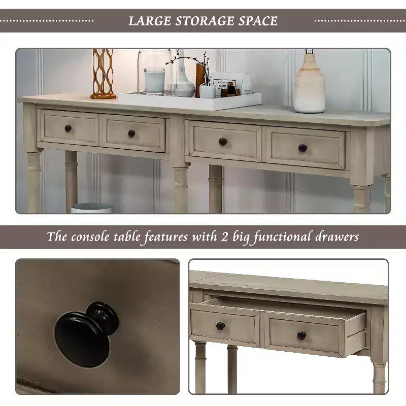 Table console étroite vintage avec rangement, table d'entrée en bois avec 4 tiroirs et étagère ouverte, table de canapé rétro pour salon et couloir