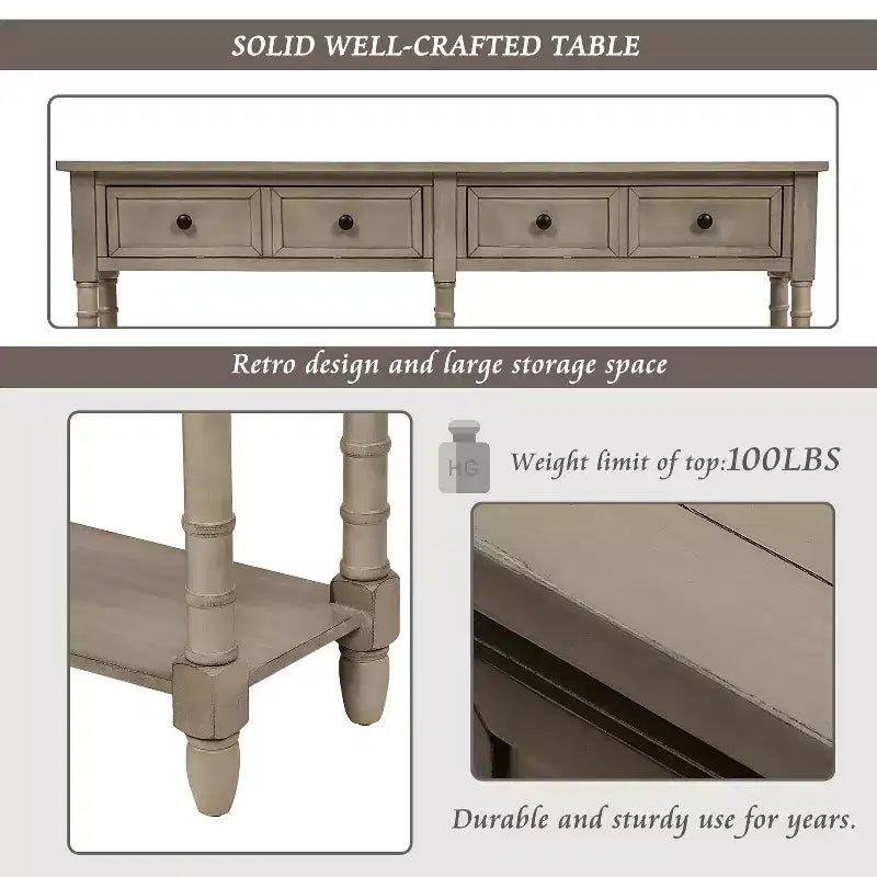 Table console étroite vintage avec rangement, table d'entrée en bois avec 4 tiroirs et étagère ouverte, table de canapé rétro pour salon et couloir