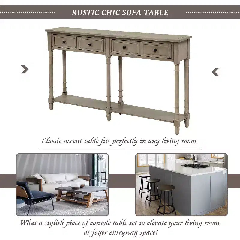 Table console étroite vintage avec rangement, table d'entrée en bois avec 4 tiroirs et étagère ouverte, table de canapé rétro pour salon et couloir