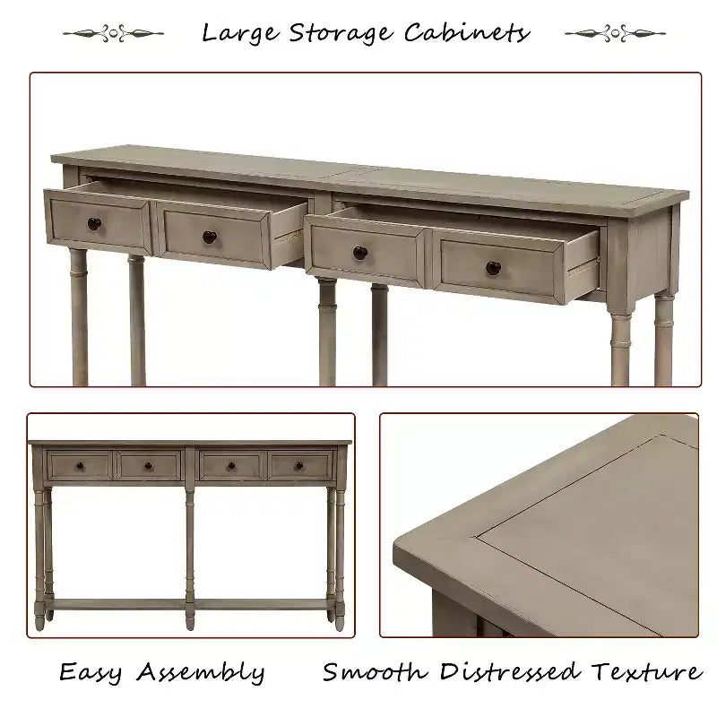 Table console étroite vintage avec rangement, table d'entrée en bois avec 4 tiroirs et étagère ouverte, table de canapé rétro pour salon et couloir