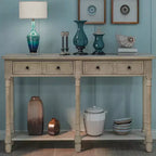 Table console étroite vintage avec rangement, table d'entrée en bois avec 4 tiroirs et étagère ouverte, table de canapé rétro pour salon et couloir