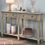 Table console étroite vintage avec rangement, table d'entrée en bois avec 4 tiroirs et étagère ouverte, table de canapé rétro pour salon et couloir
