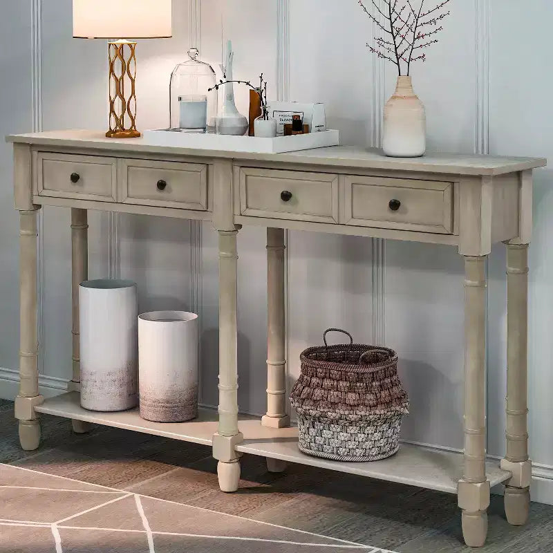 Table console étroite vintage avec rangement, table d'entrée en bois avec 4 tiroirs et étagère ouverte, table de canapé rétro pour salon et couloir