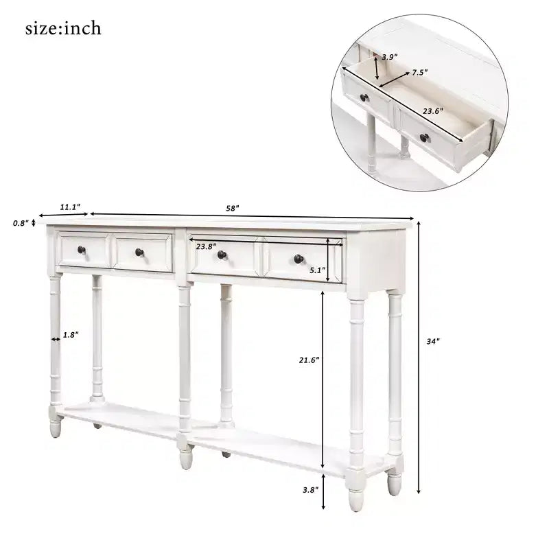 Table console étroite vintage avec rangement, table d'entrée en bois avec 4 tiroirs et étagère ouverte, table de canapé rétro pour salon et couloir