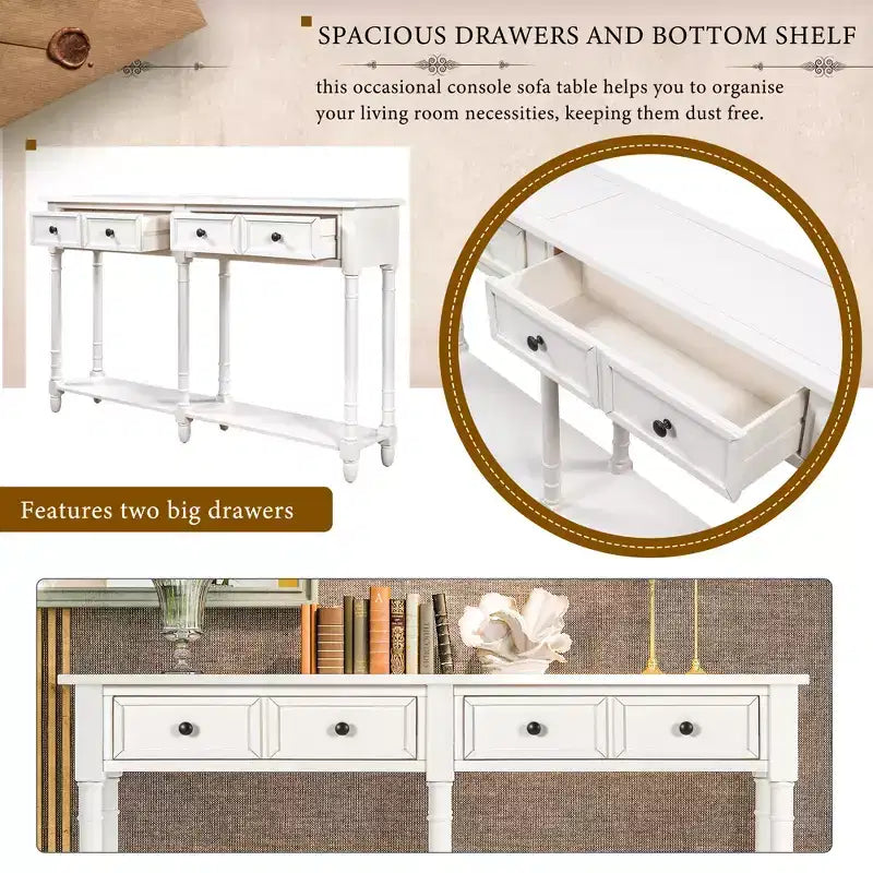 Table console étroite vintage avec rangement, table d'entrée en bois avec 4 tiroirs et étagère ouverte, table de canapé rétro pour salon et couloir
