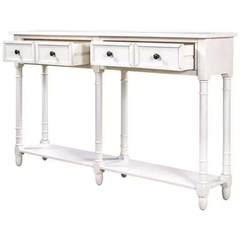 Table console étroite vintage avec rangement, table d'entrée en bois avec 4 tiroirs et étagère ouverte, table de canapé rétro pour salon et couloir