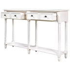 Table console étroite vintage avec rangement, table d'entrée en bois avec 4 tiroirs et étagère ouverte, table de canapé rétro pour salon et couloir