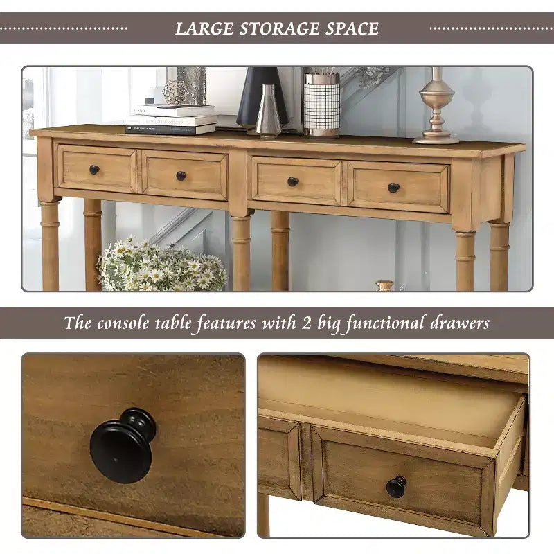 Table console étroite vintage avec rangement, table d'entrée en bois avec 4 tiroirs et étagère ouverte, table de canapé rétro pour salon et couloir