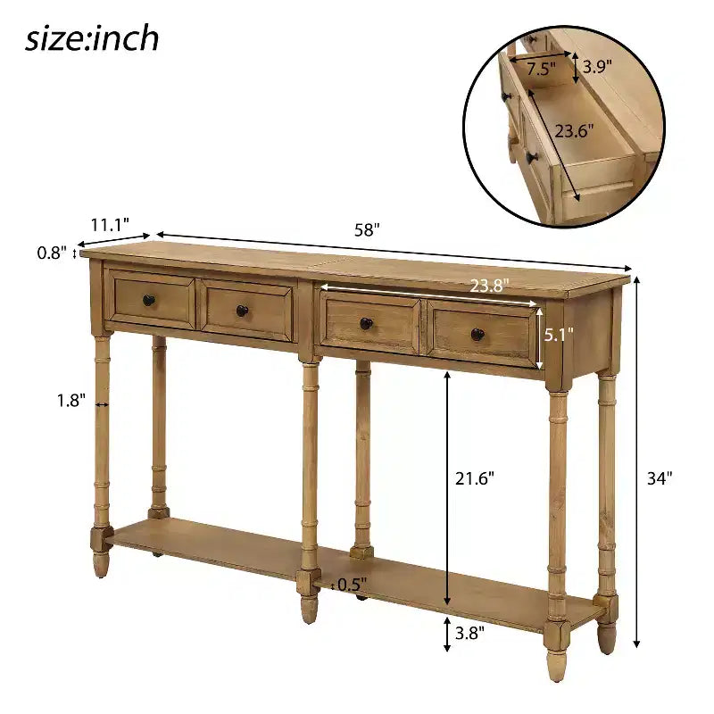 Table console étroite vintage avec rangement, table d'entrée en bois avec 4 tiroirs et étagère ouverte, table de canapé rétro pour salon et couloir