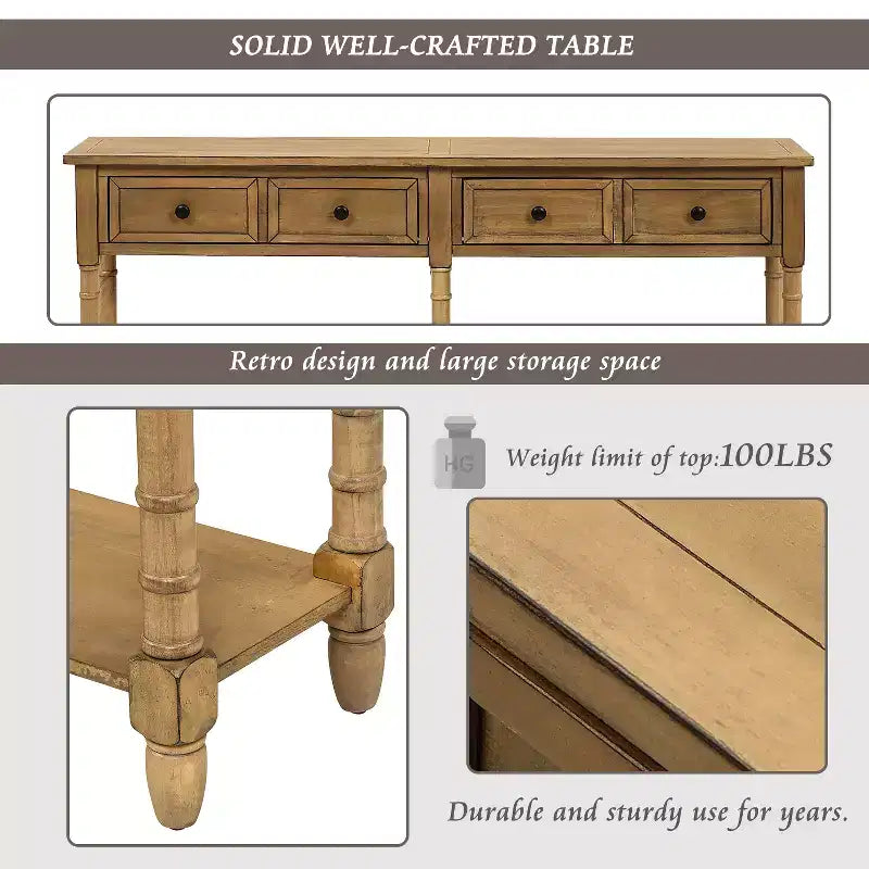Table console étroite vintage avec rangement, table d'entrée en bois avec 4 tiroirs et étagère ouverte, table de canapé rétro pour salon et couloir
