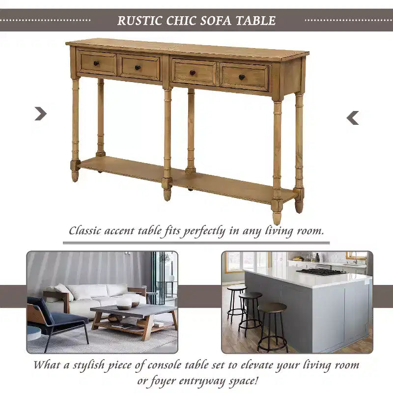 Table console étroite vintage avec rangement, table d'entrée en bois avec 4 tiroirs et étagère ouverte, table de canapé rétro pour salon et couloir