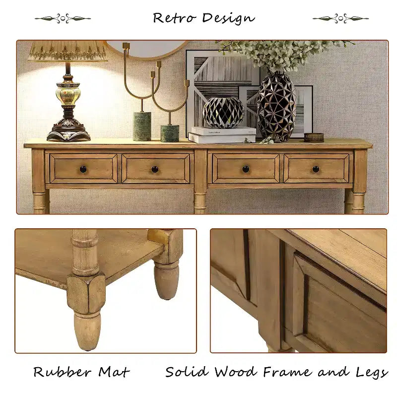 Table console étroite vintage avec rangement, table d'entrée en bois avec 4 tiroirs et étagère ouverte, table de canapé rétro pour salon et couloir