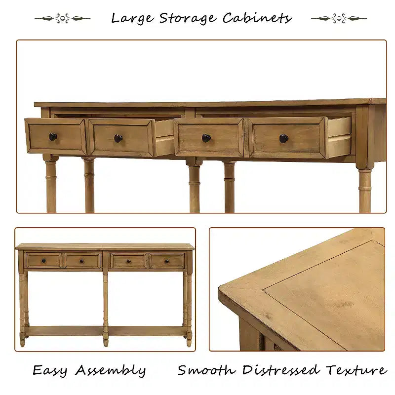 Table console étroite vintage avec rangement, table d'entrée en bois avec 4 tiroirs et étagère ouverte, table de canapé rétro pour salon et couloir