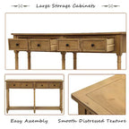 Table console étroite vintage avec rangement, table d'entrée en bois avec 4 tiroirs et étagère ouverte, table de canapé rétro pour salon et couloir