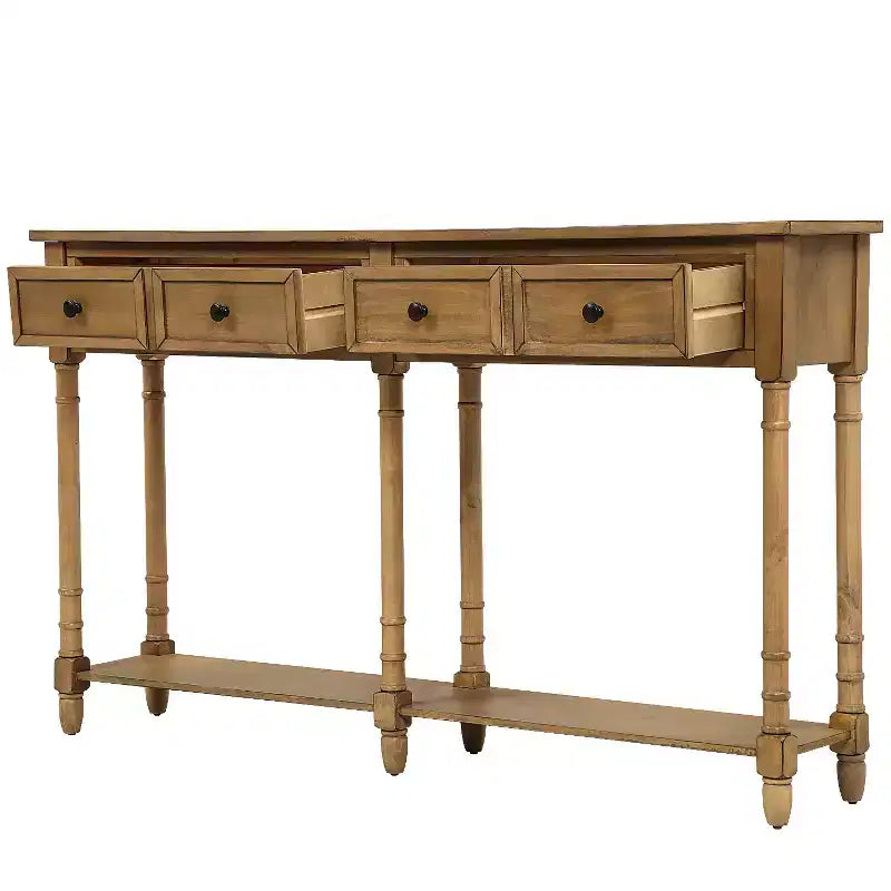Table console étroite vintage avec rangement, table d'entrée en bois avec 4 tiroirs et étagère ouverte, table de canapé rétro pour salon et couloir