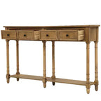 Table console étroite vintage avec rangement, table d'entrée en bois avec 4 tiroirs et étagère ouverte, table de canapé rétro pour salon et couloir