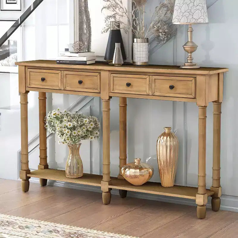 Table console étroite vintage avec rangement, table d'entrée en bois avec 4 tiroirs et étagère ouverte, table de canapé rétro pour salon et couloir