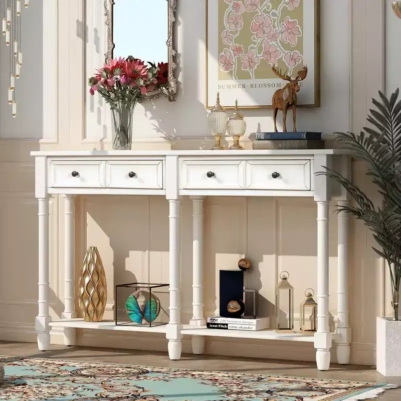 Table console étroite vintage avec rangement, table d'entrée en bois avec 4 tiroirs et étagère ouverte, table de canapé rétro pour salon et couloir