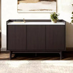 LuxenHome Modi Wenge Sideboard Cabinet with 3 Doors, Raised Sides, Faux Marble Top, Manufactured Wood