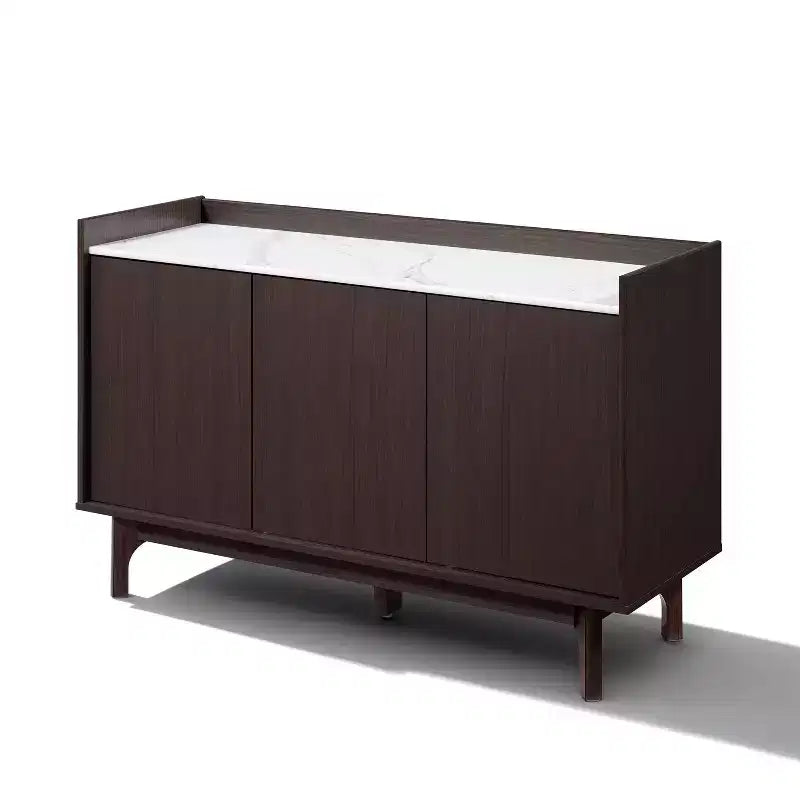Buffet wengé avec 3 portes, côtés relevés, plateau aspect marbre, bois manufacturé