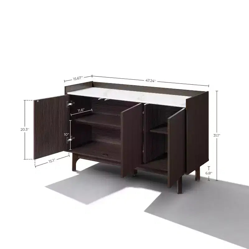 Buffet wengé avec 3 portes, côtés relevés, plateau aspect marbre, bois manufacturé