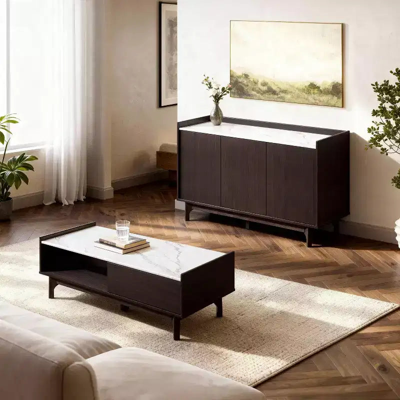 Buffet wengé avec 3 portes, côtés relevés, plateau aspect marbre, bois manufacturé