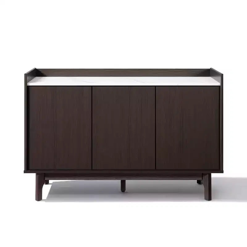 Buffet wengé avec 3 portes, côtés relevés, plateau aspect marbre, bois manufacturé