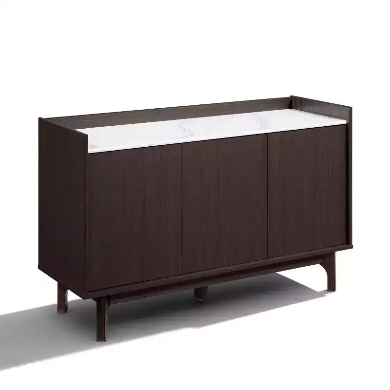 Buffet wengé avec 3 portes, côtés relevés, plateau aspect marbre, bois manufacturé