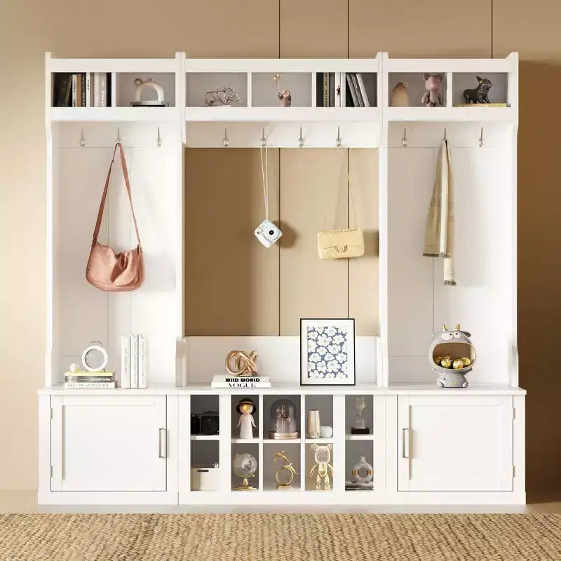 Okak 4-IN-1 Wide Hall Tree with Entryway Bench and Shoe Cubbies, Coat Rack with Sotrage Shelves and 10 Hooks, Coat Tree for Hallway, White