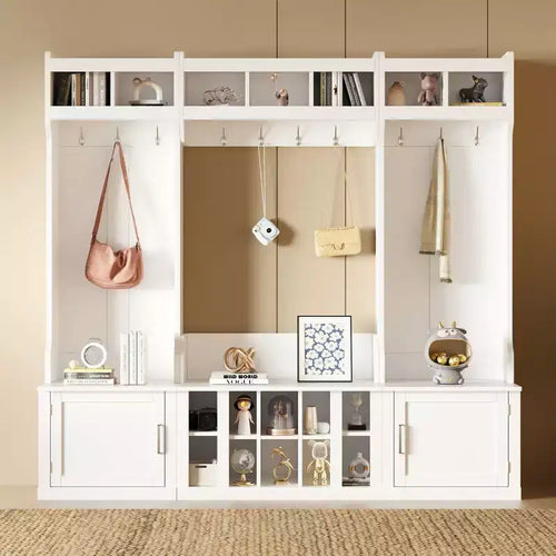 Okak 4-IN-1 Wide Hall Tree with Entryway Bench and Shoe Cubbies, Coat Rack with Sotrage Shelves and 10 Hooks, Coat Tree for Hallway, White