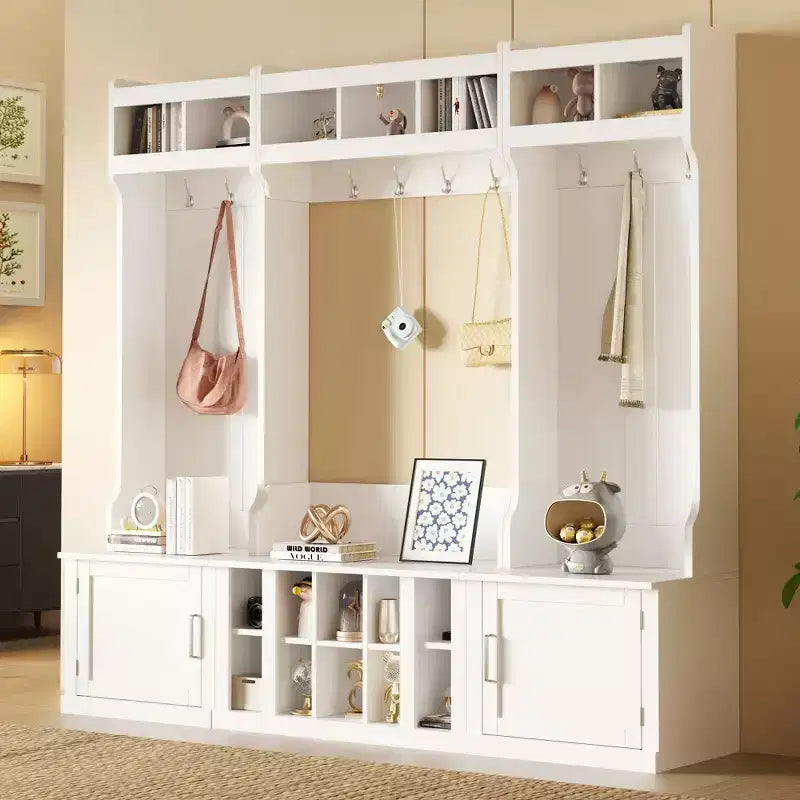 Porte-manteau d'entrée 4 en 1 avec banc de rangement pour chaussures, porte-manteau avec étagères de rangement et 10 crochets, pour couloir, blanc