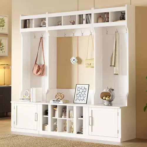 Porte-manteau d'entrée 4 en 1 avec banc de rangement pour chaussures, porte-manteau avec étagères de rangement et 10 crochets, pour couloir, blanc