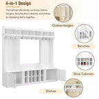 Porte-manteau d'entrée 4 en 1 avec banc de rangement pour chaussures, porte-manteau avec étagères de rangement et 10 crochets, pour couloir, blanc