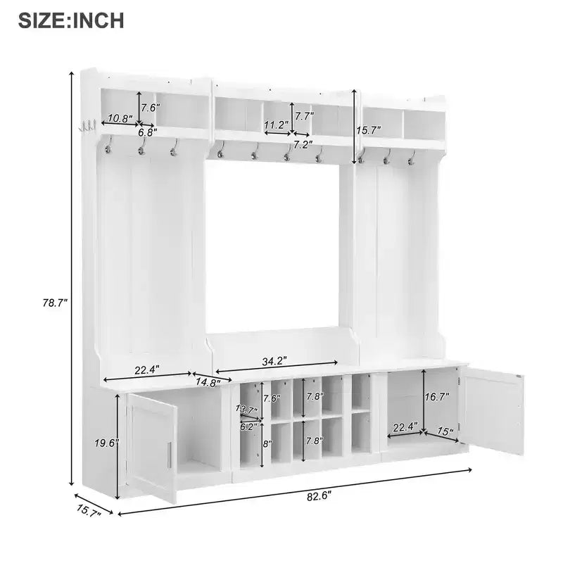 Porte-manteau d'entrée 4 en 1 avec banc de rangement pour chaussures, porte-manteau avec étagères de rangement et 10 crochets, pour couloir, blanc