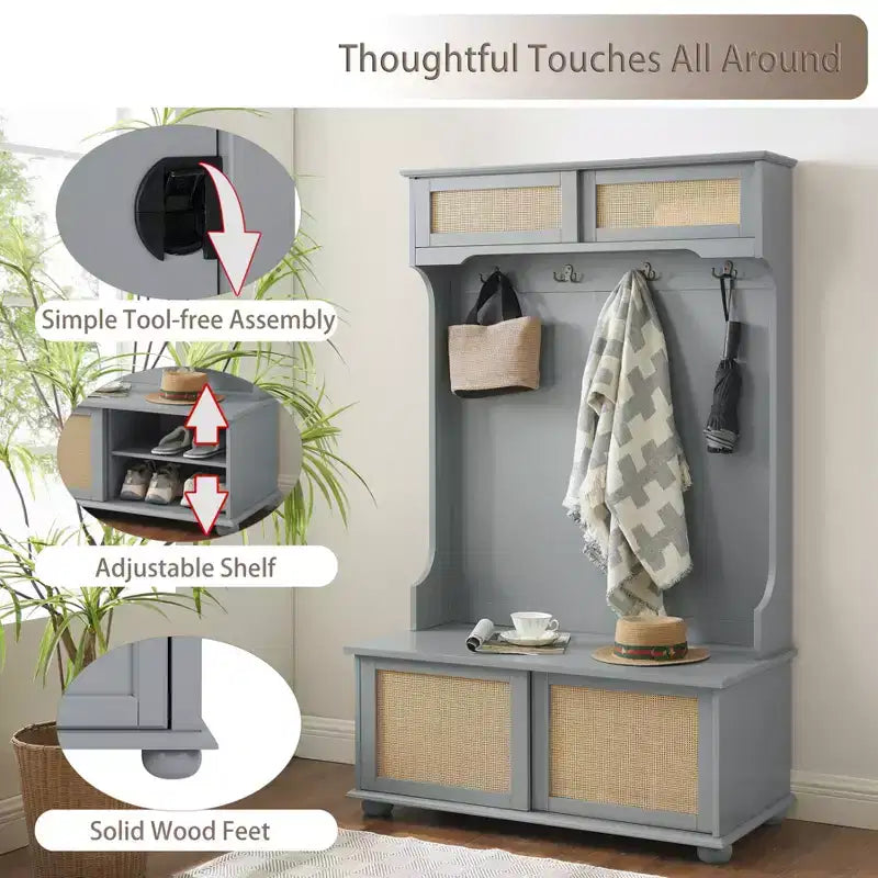Porte-manteau de style décontracté avec banc d'entrée, porte-manteau avec étagères en rotin et pieds en bois, arbre à manteaux pour salon, chambre à coucher, gris
