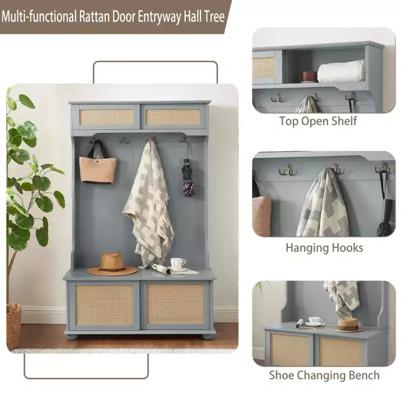 Porte-manteau de style décontracté avec banc d'entrée, porte-manteau avec étagères en rotin et pieds en bois, arbre à manteaux pour salon, chambre à coucher, gris
