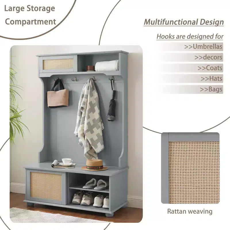 Porte-manteau de style décontracté avec banc d'entrée, porte-manteau avec étagères en rotin et pieds en bois, arbre à manteaux pour salon, chambre à coucher, gris