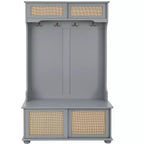Porte-manteau de style décontracté avec banc d'entrée, porte-manteau avec étagères en rotin et pieds en bois, arbre à manteaux pour salon, chambre à coucher, gris